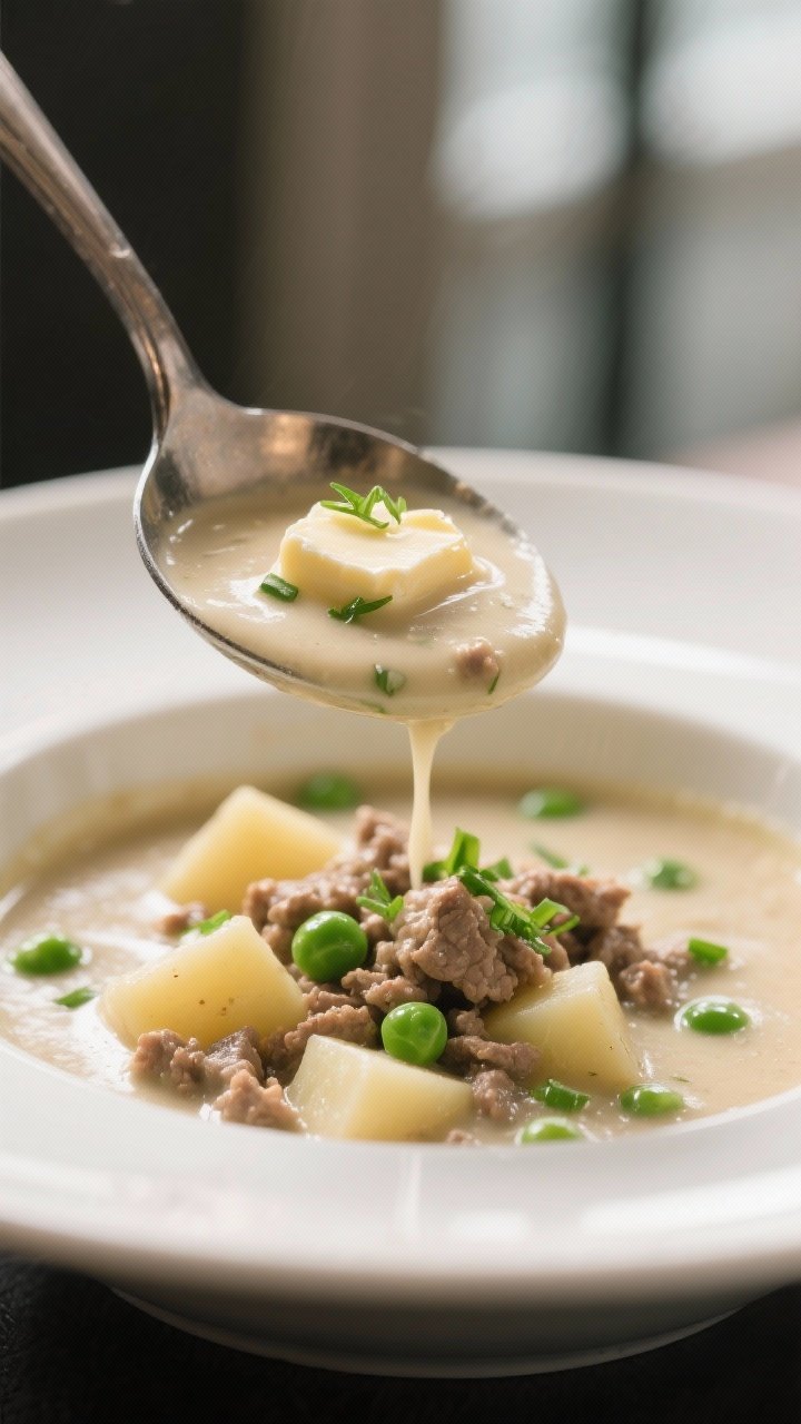 Close-up detail: Ultra close-up of a ladle scooping the finished soup, highlighting the velvety crea