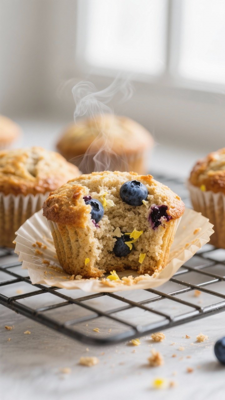 Close-up detail: Warm keto blueberry muffin torn open on a wire rack, showing a tender almond-flour 