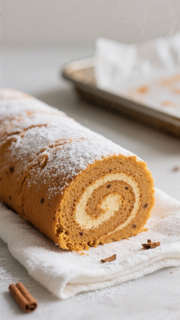 Close-up detail: Warm pumpkin roll cake freshly unrolled on a powdered-sugar-dusted towel, showing a