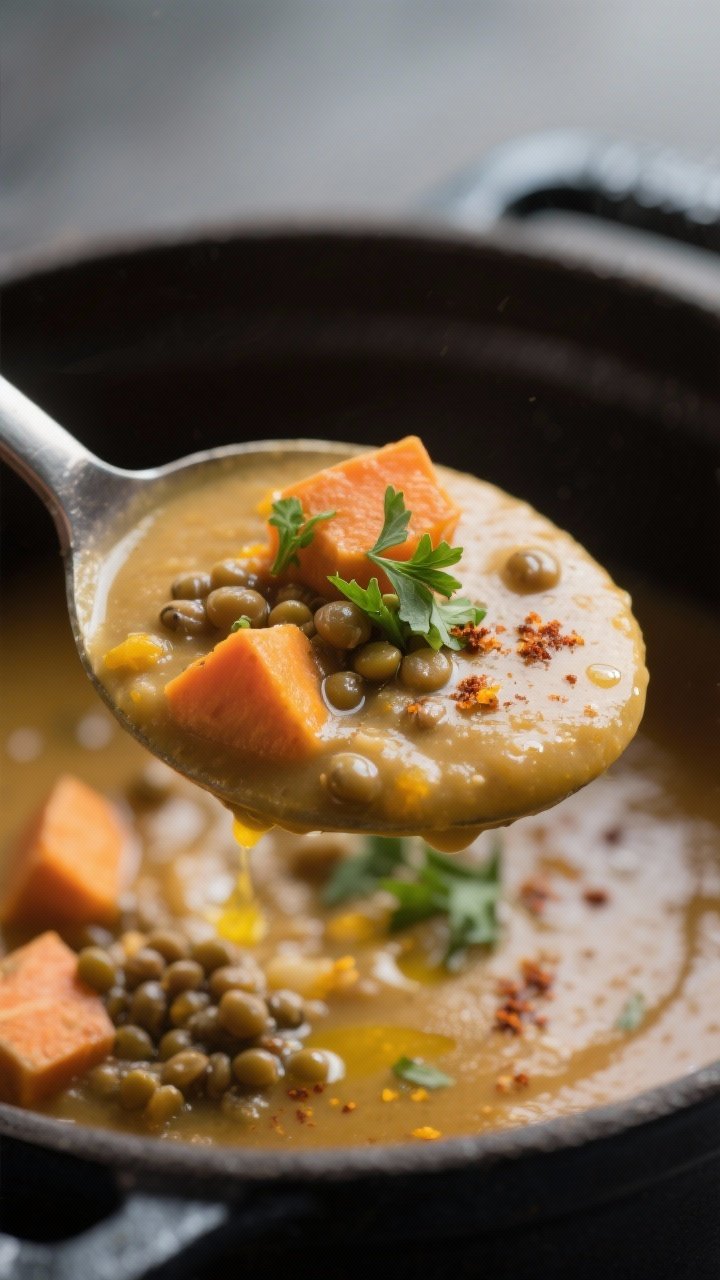 Close-up final presentation: Extreme close-up of a ladle lifting the finished soup from the pot, sho