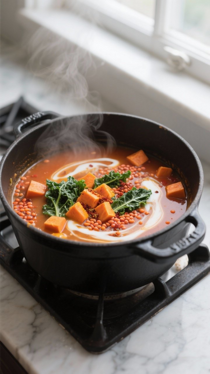 Cooking process: A Dutch oven on the stovetop with the soup at a gentle simmer, showing tender orang