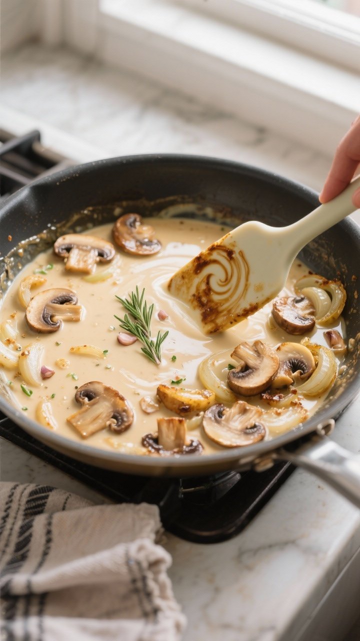 Cooking process action: Overhead shot of the sauce-building stage in the same skillet—mushrooms an