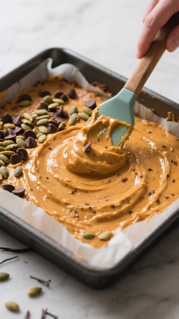 Cooking process: Batter being spread evenly into a parchment-lined 8x8 pan with a spatula, thick and