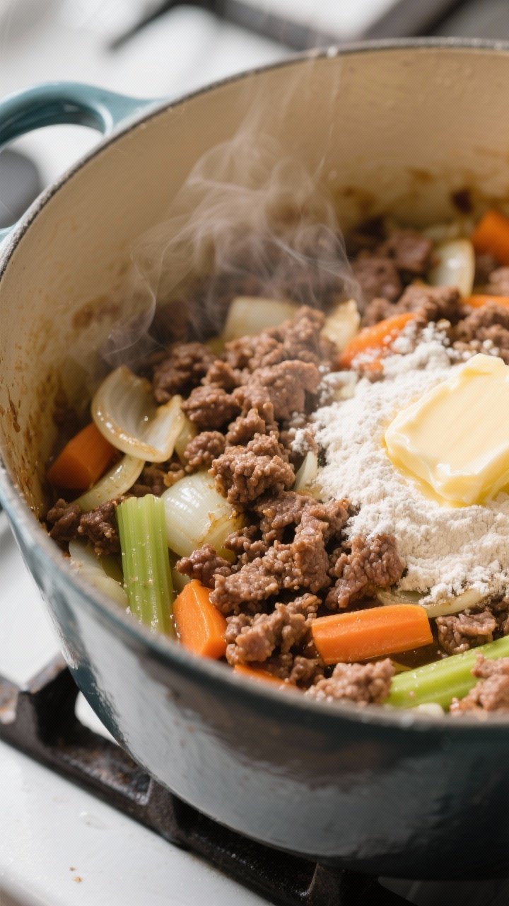 Cooking process – Browning and building flavor: Close-up of browned ground beef crumbles nestled a