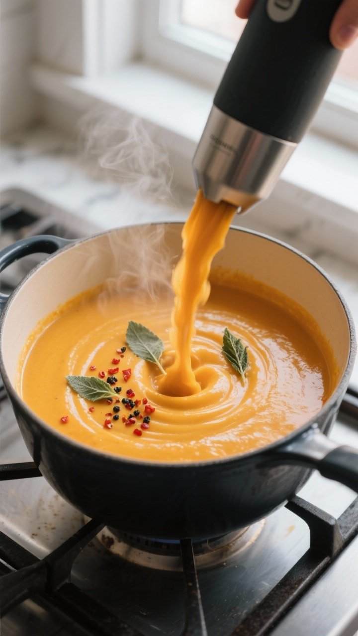 Cooking process: Butternut squash soup mid-blend in a pot—silky, velvety stream swirling from an i