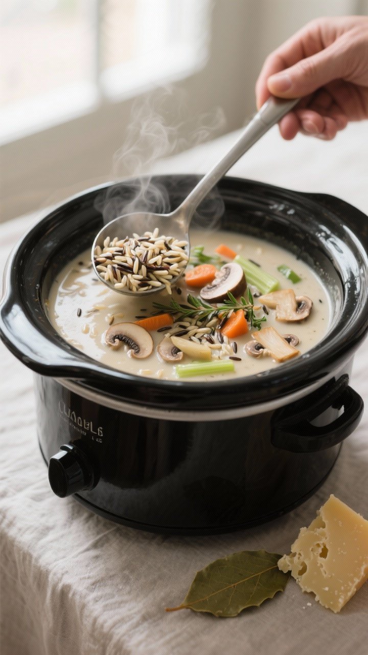 Cooking process close-up: A crockpot of creamy wild rice and mushroom soup just after thickening, la