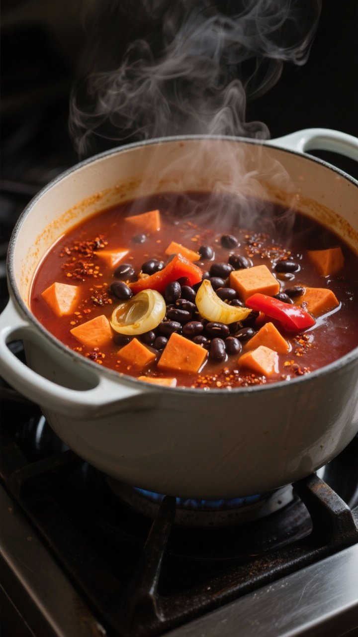 Cooking process close-up: A large enameled pot on the stove with the soup simmering—tender orange 