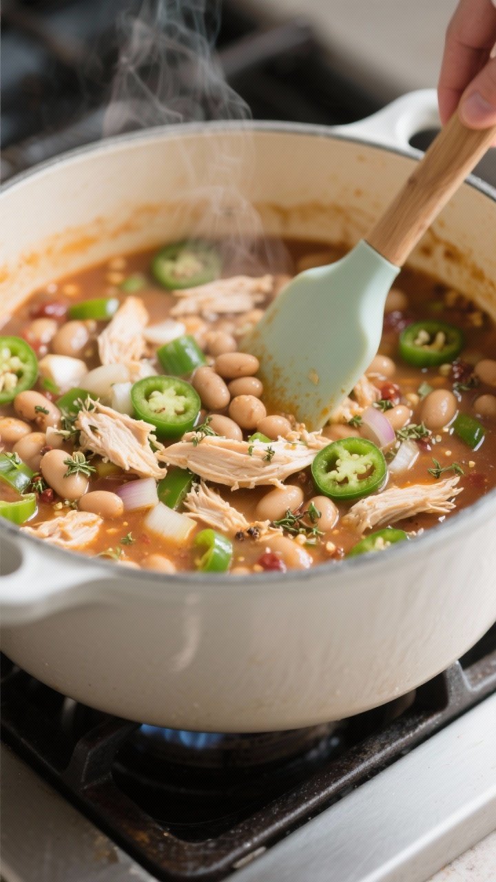 Cooking process close-up: A shallow-depth-of-field shot of white chicken chili simmering in a Dutch 