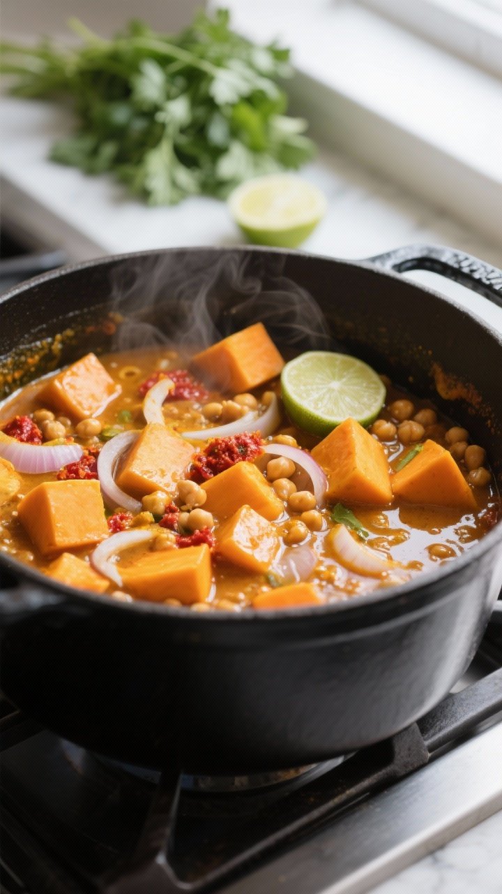 Cooking process close-up: Butternut squash curry simmering in a wide, matte black Dutch oven, mid-co
