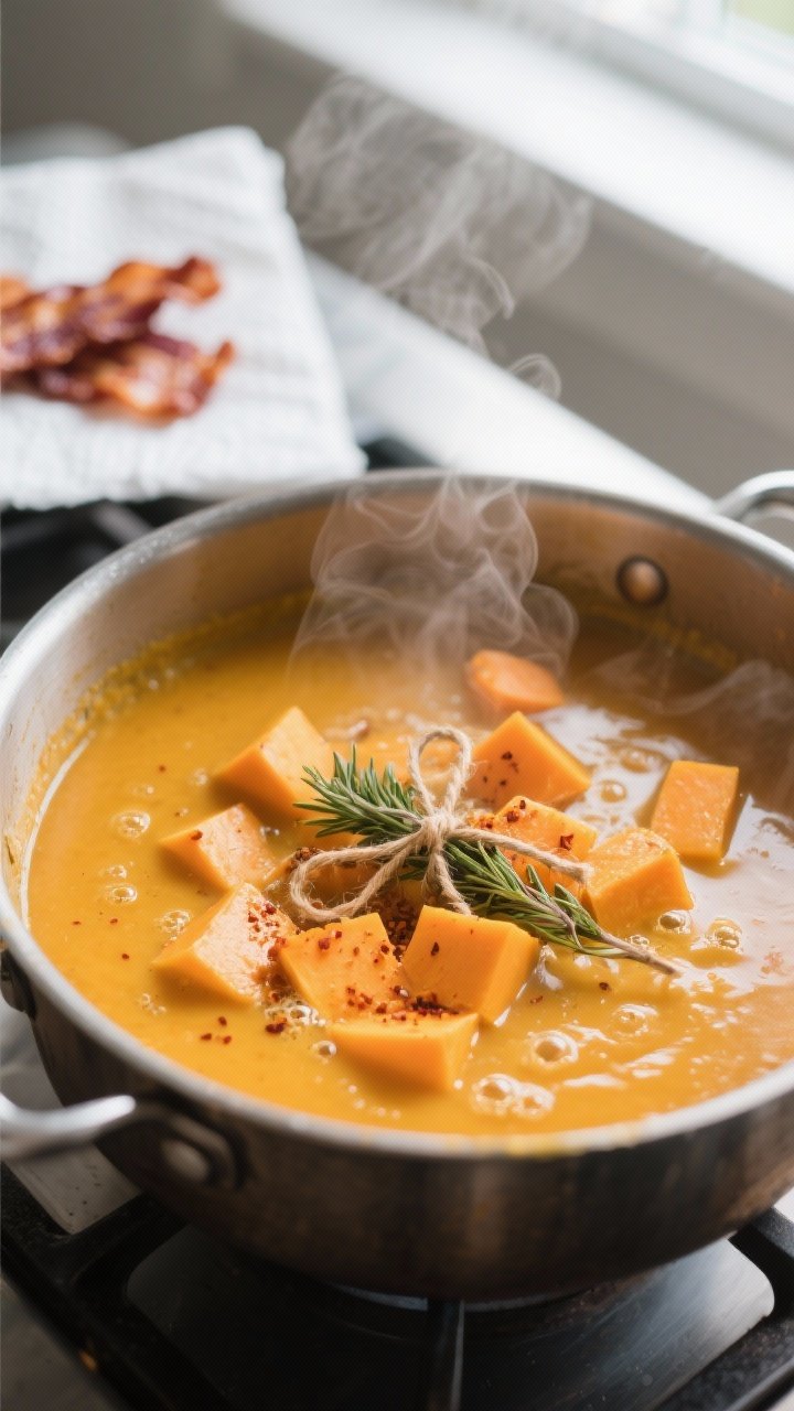 Cooking process, close-up: Butternut squash soup base simmering in a heavy pot, showing tender cubes