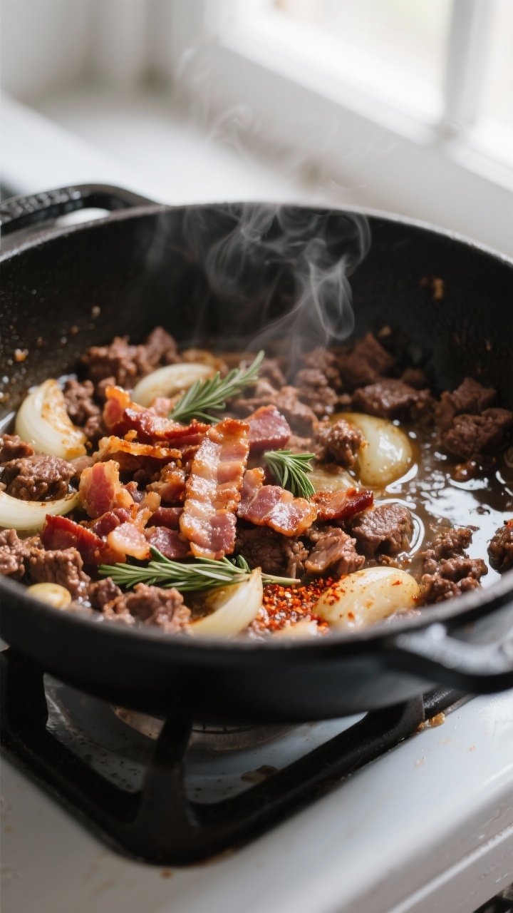 Cooking process close-up: Crispy bacon bits and browned beef crumbles sizzling together in a Dutch o