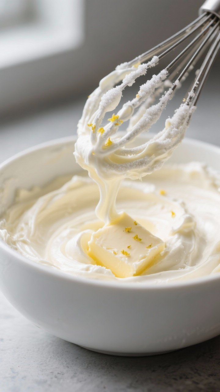Cooking process, close-up detail: A bowl of softened cream cheese and unsalted butter being beaten t