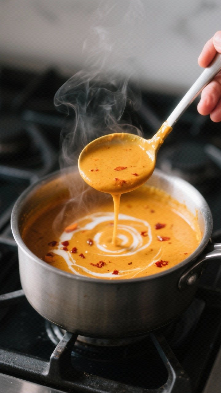 Cooking process, close-up detail: A medium pot on the stove with sweet potato coconut curry soup jus
