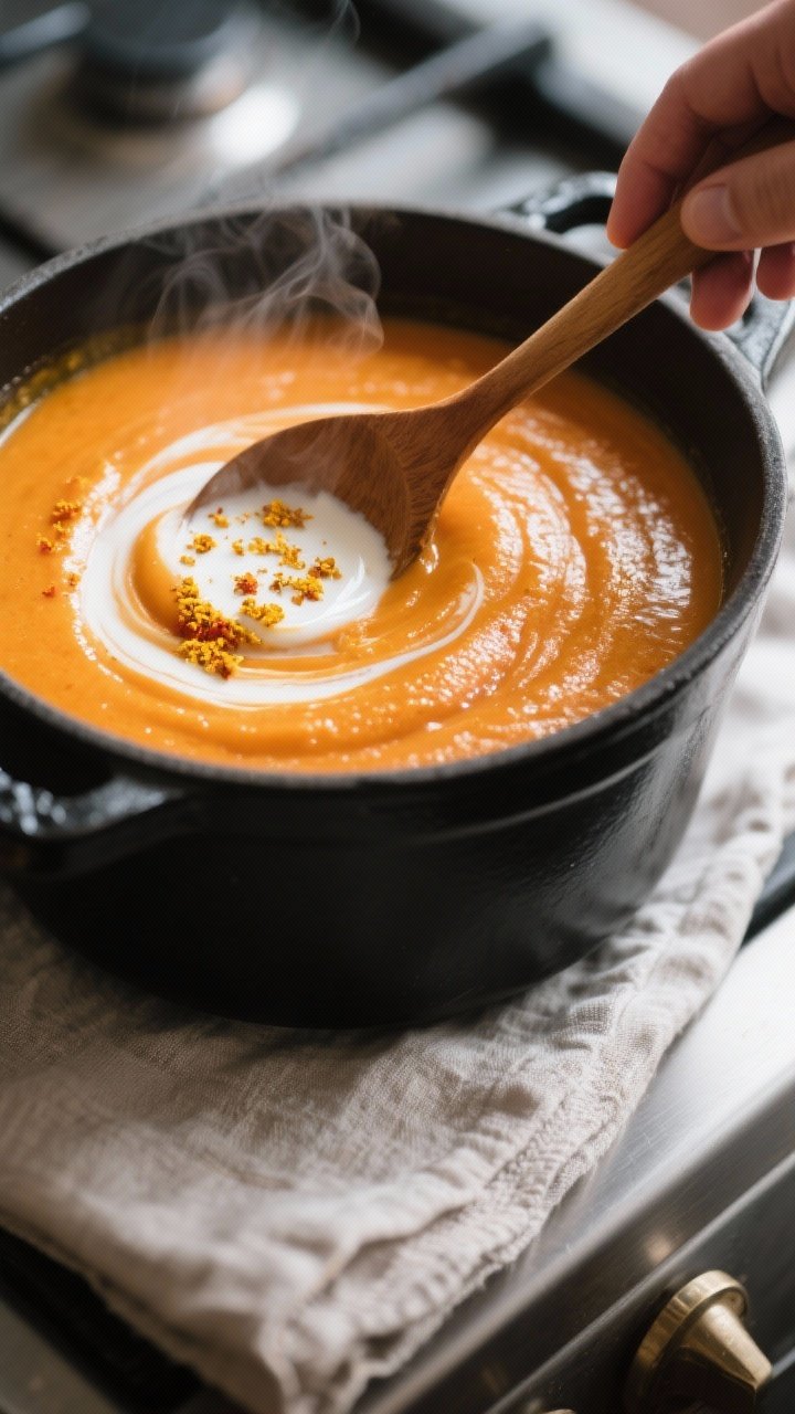 Cooking process, close-up detail: A steaming pot of blended sweet potato ginger soup just after pure