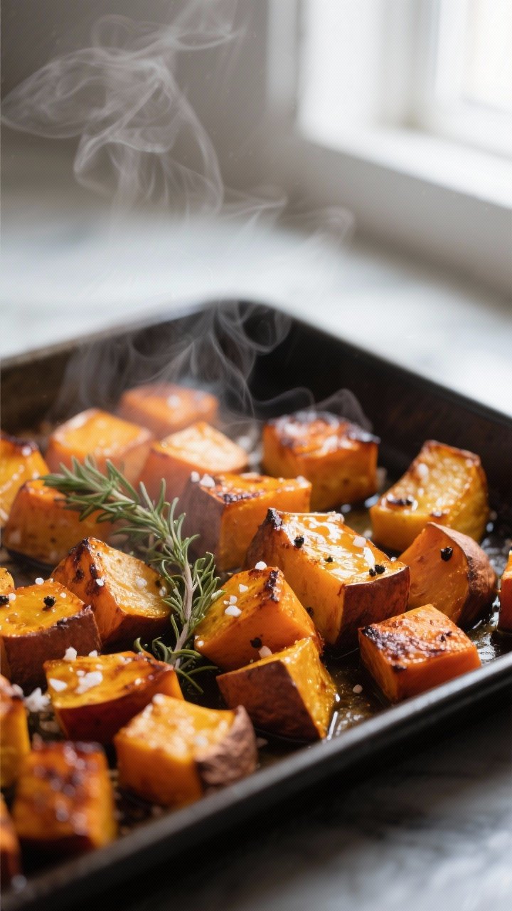 Cooking process, close-up detail: Caramelized roasted butternut squash and sweet potato cubes just o