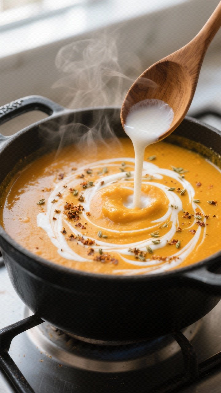 Cooking process, close-up detail: Curried pumpkin soup mid-simmer in a matte black Dutch oven, golde