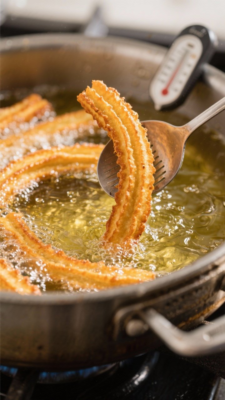 Cooking process, close-up detail: Golden keto churros frying in a heavy pot of avocado oil at 350–