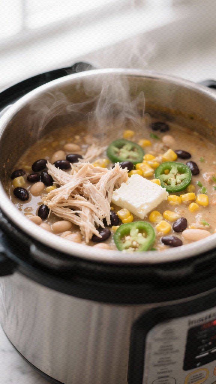 Cooking process, close-up detail: Instant Pot white chicken chili simmering after pressure release, 