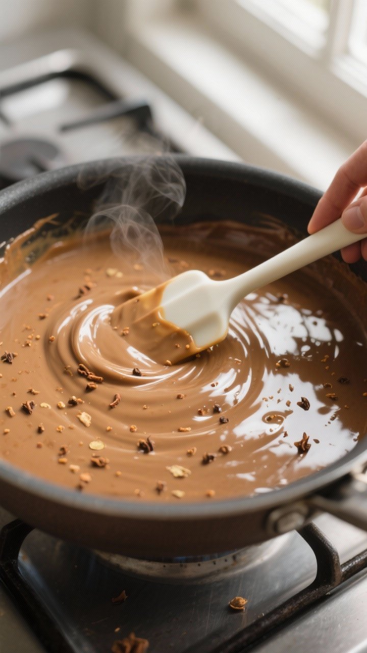 Cooking process, close-up detail: Silky gingerbread fudge mixture being whisked in a saucepan over l
