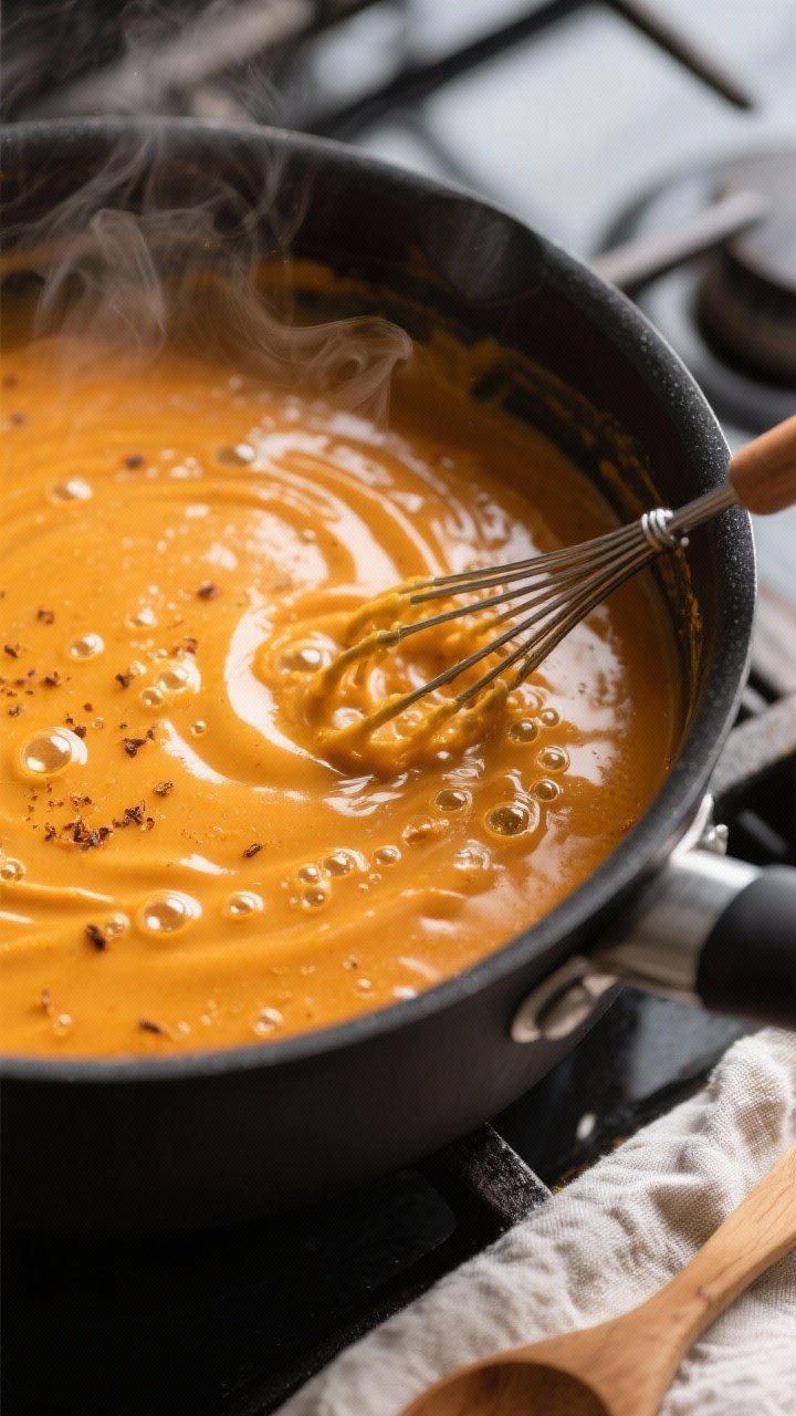 Cooking process, close-up detail: Steaming-hot keto pumpkin pudding base in a matte black saucepan o