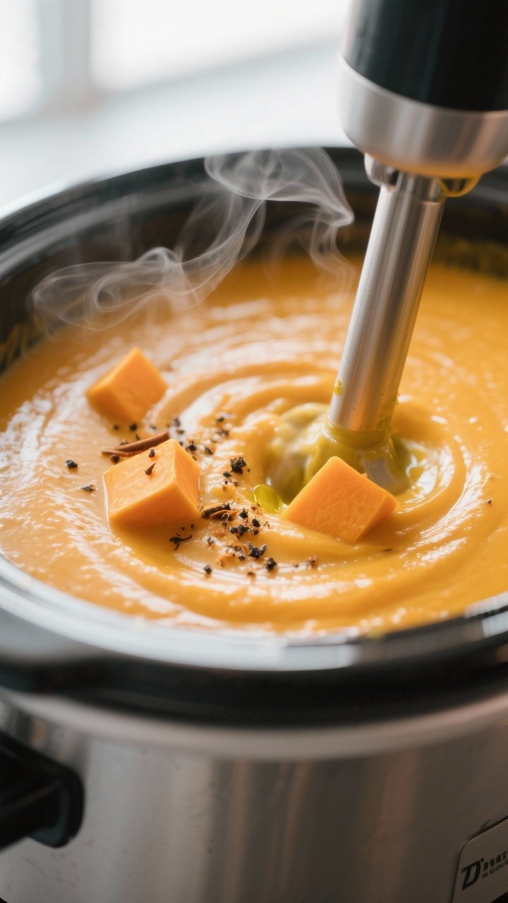 Cooking process, close-up detail: Velvety butternut squash soup being blended directly in a slow coo