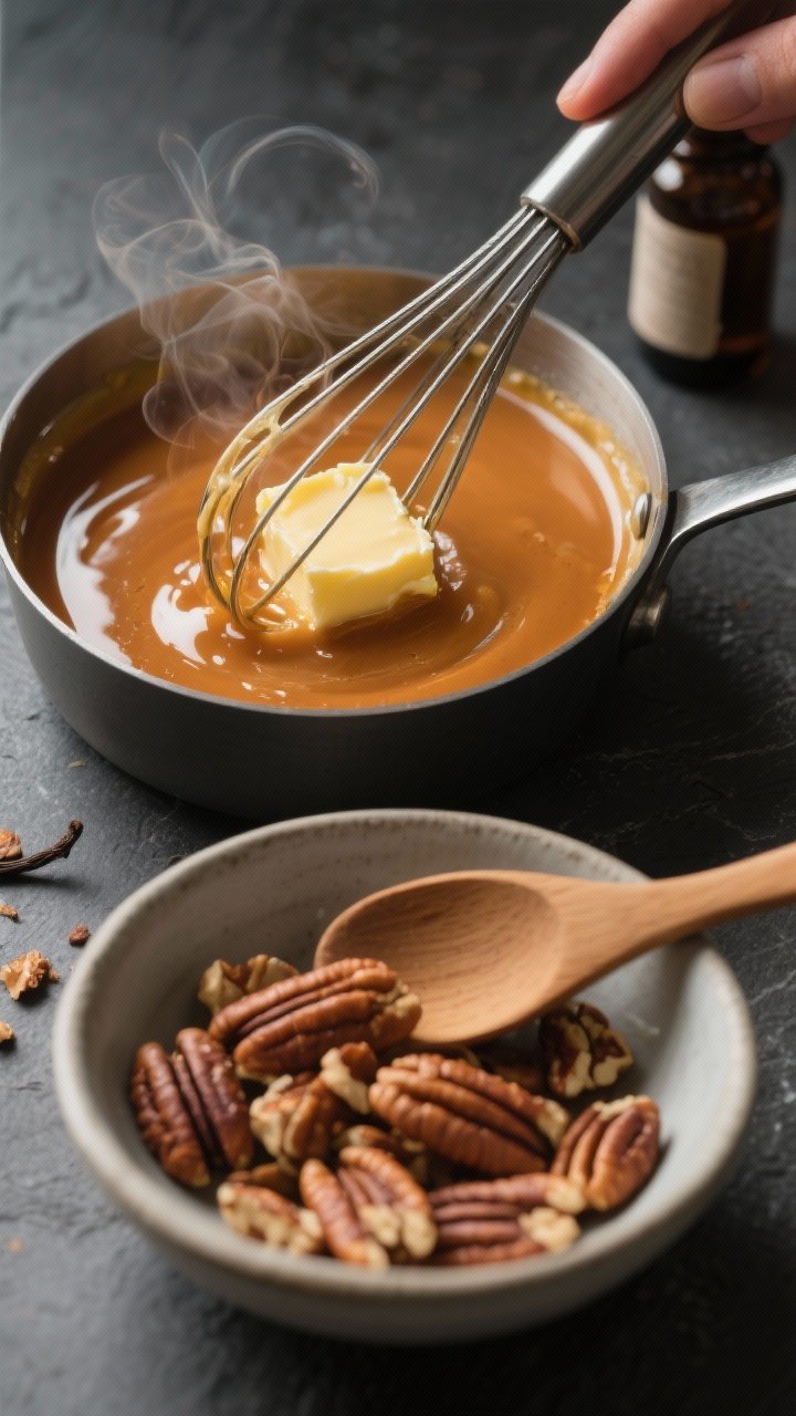 Cooking process close-up: Melted butter and brown allulose–erythritol mixture being whisked into a