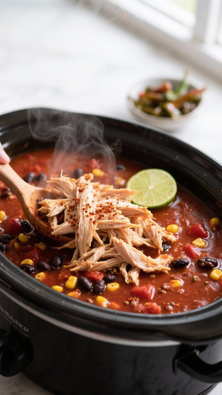 Cooking process — Close-up of shredded chipotle chicken being folded back into a rich, simmering c