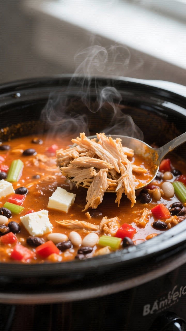 Cooking process close-up: Shredded chicken being folded back into bubbling buffalo chicken chili ins