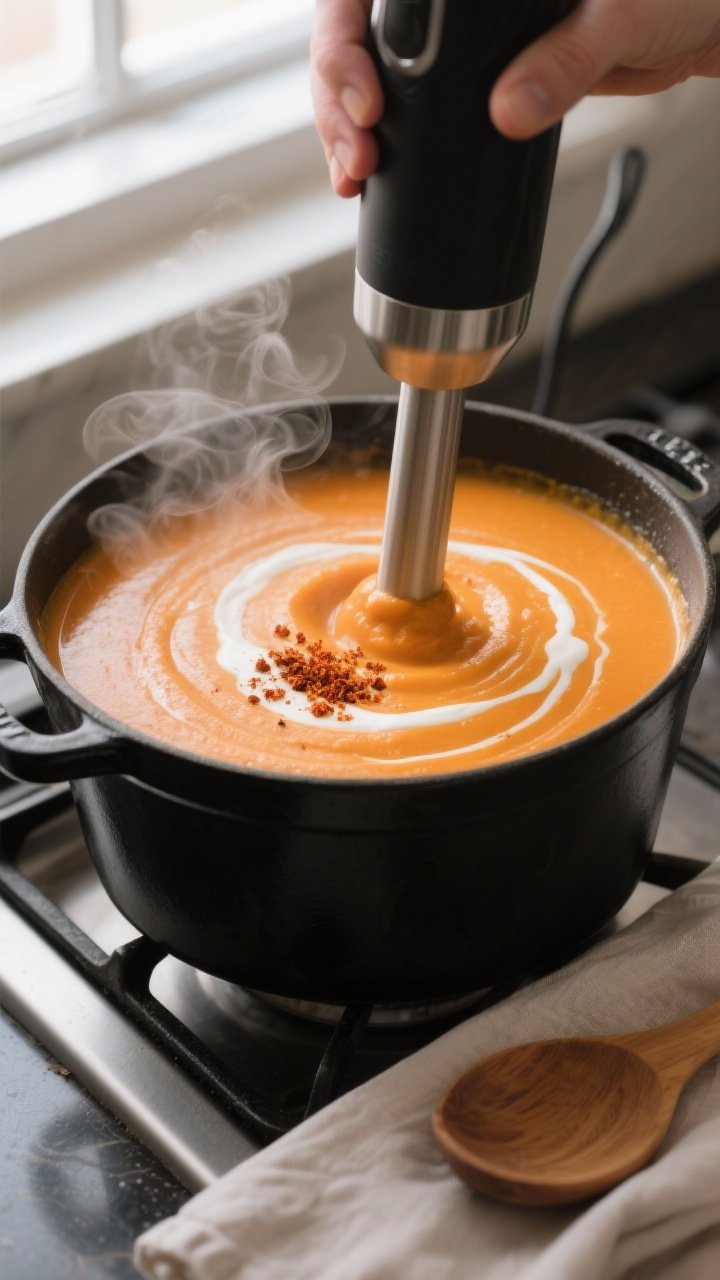 Cooking process close-up: Silky sweet potato soup being blended smooth with an immersion blender dir