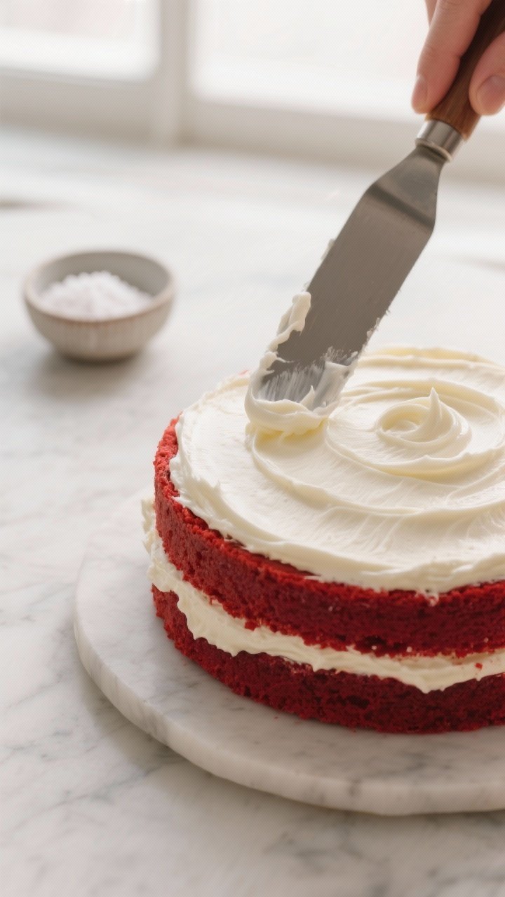 Cooking process: Cream cheese frosting being spread between two assembled keto red velvet layers, ca