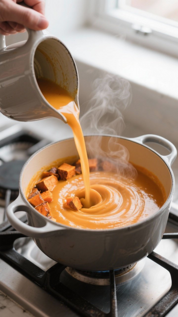 Cooking process: Immersion blender swirling through a pot of roasted pumpkin–sweet potato soup mid