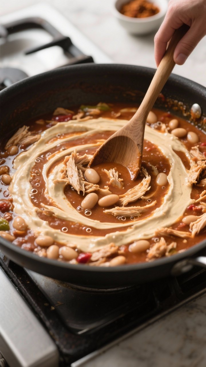 Cooking process: Mid-simmer scene of the chili thickening after blended cannellini beans have been s