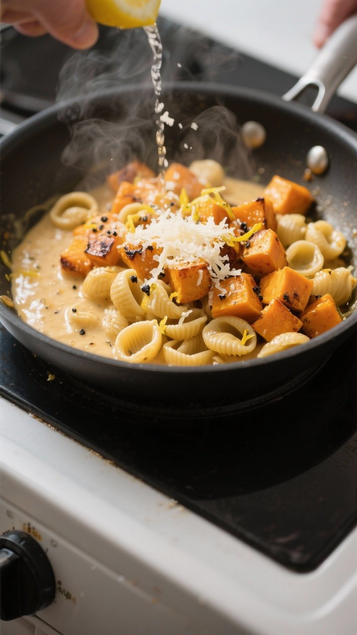 Cooking process: Orecchiette being tossed in a large skillet with roasted butternut squash cubes—a