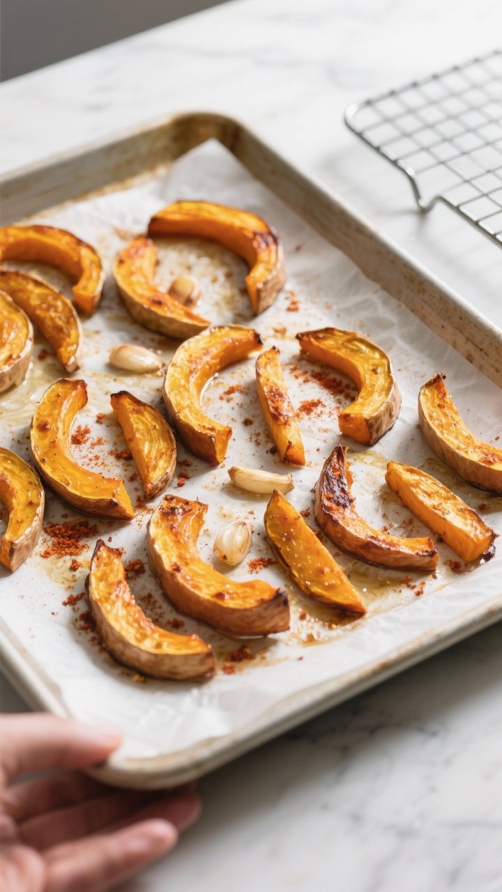 Cooking process: Oven-roasted butternut squash fries mid-bake on a preheated parchment-lined sheet p