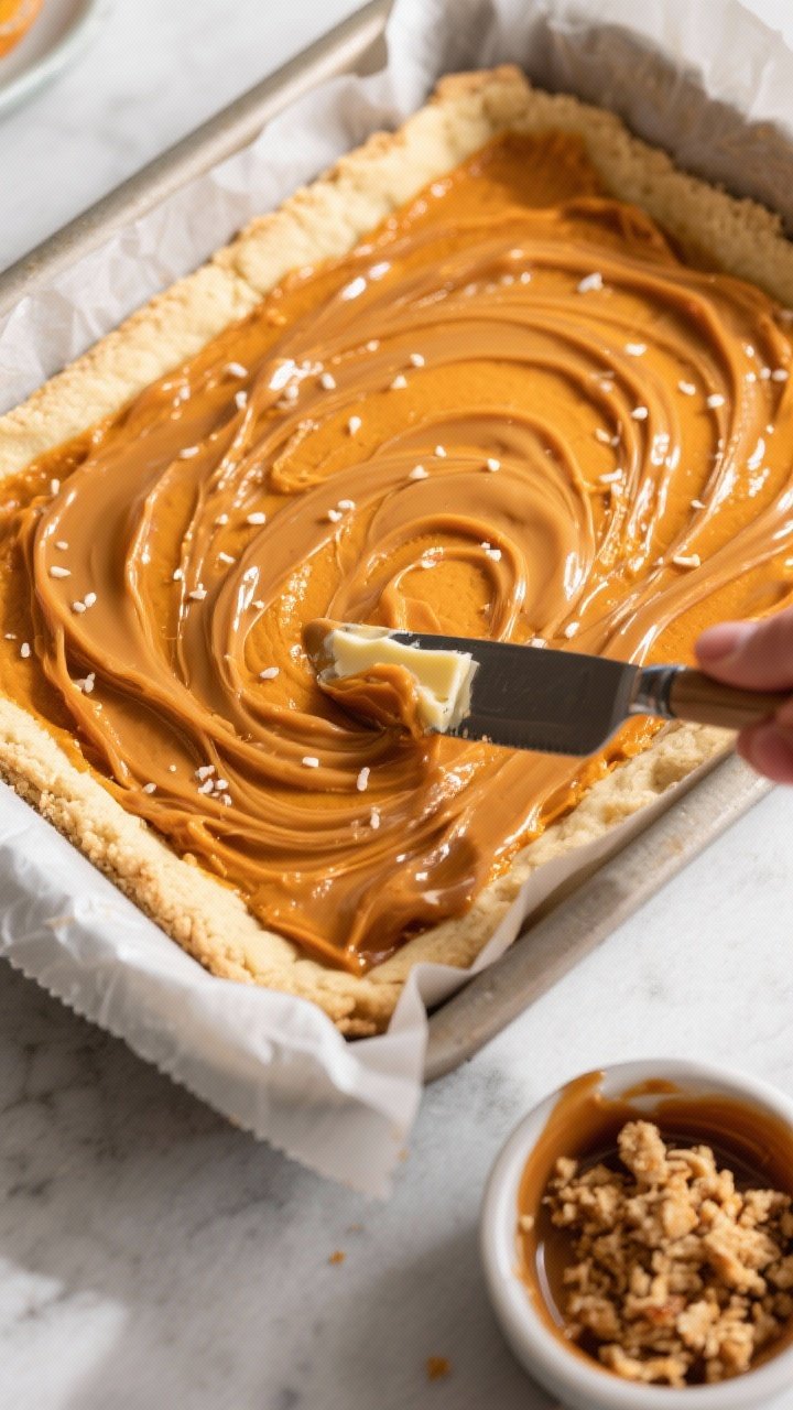 Cooking process: Overhead shot during assembly—warm par-baked shortbread base in a parchment-lined