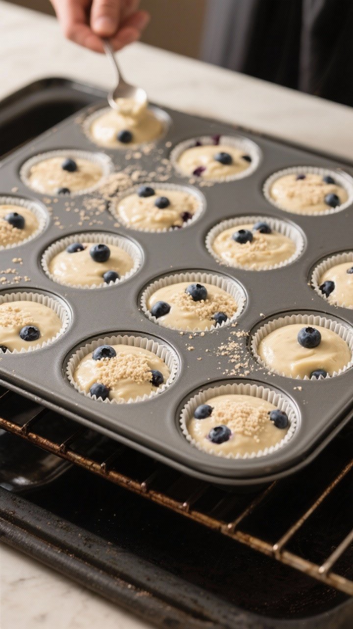 Cooking process: Overhead shot of a 12-cup muffin pan just filled 3/4 full with thick keto batter an