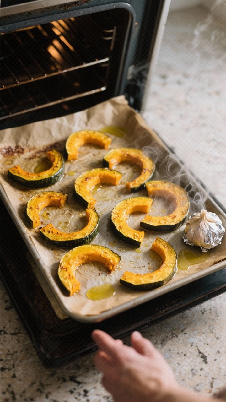 Cooking process: Overhead shot of a hot preheated sheet pan just pulled from the oven at 425°F, squ