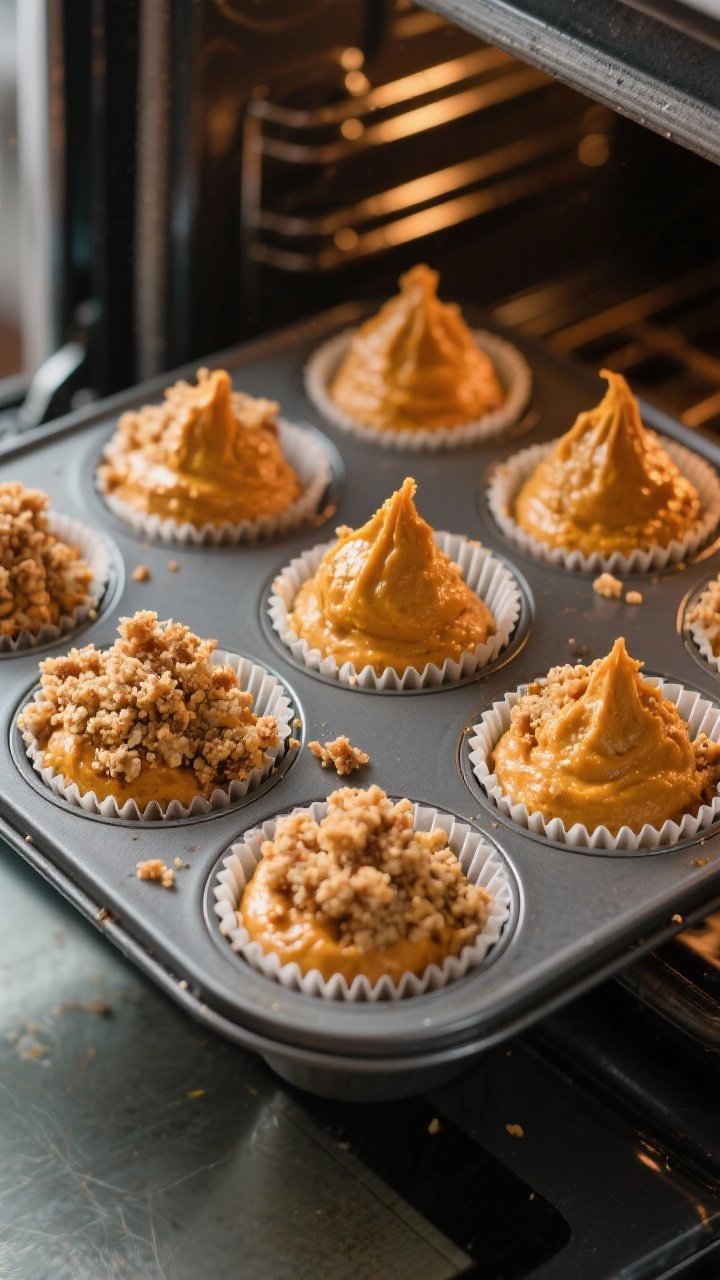 Cooking process: Overhead shot of a muffin tin filled 3/4 with pumpkin batter, generously topped wit