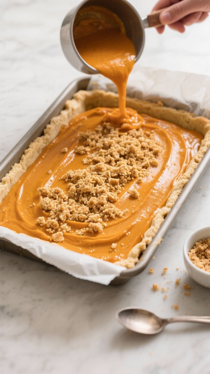 Cooking process: Overhead shot of assembly in a parchment-lined 9x13 pan—pre-baked shortbread crus