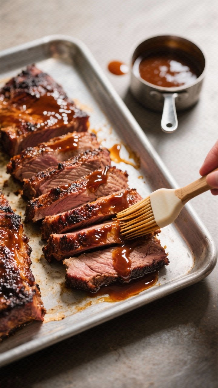 Cooking process: Overhead shot of brisket slices brushed with BBQ sauce on a sheet pan under the bro