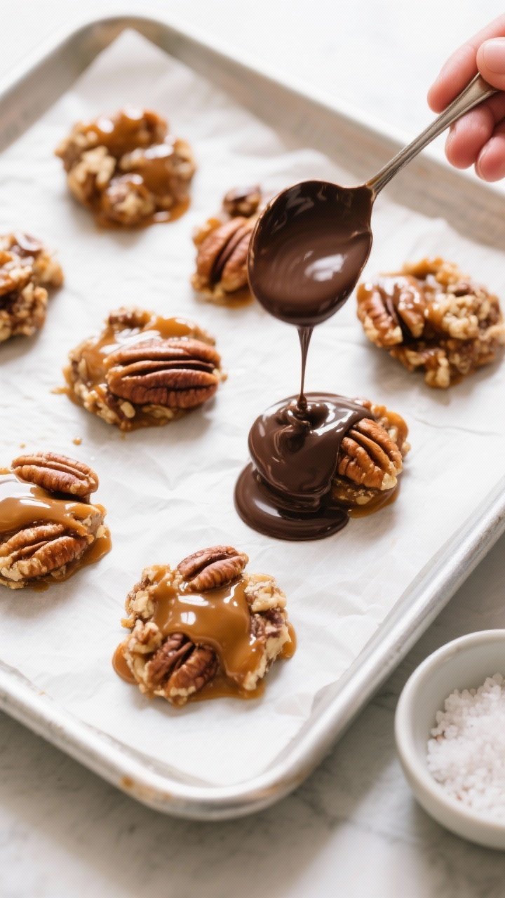 Cooking process: Overhead shot of caramel-coated pecan clusters being finished with a spoonful of me