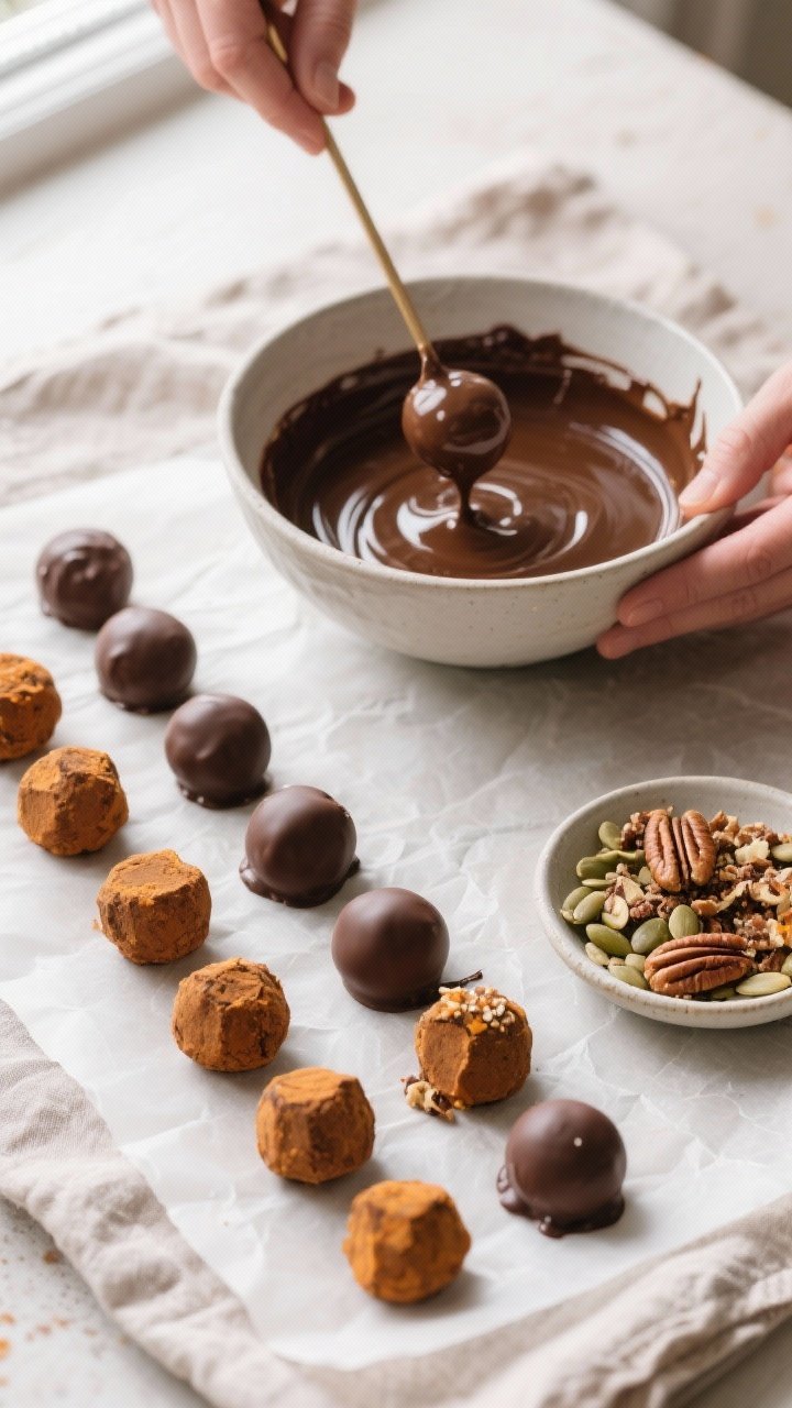 Cooking process: Overhead shot of chilled pumpkin truffle centers being dipped in a bowl of melted s