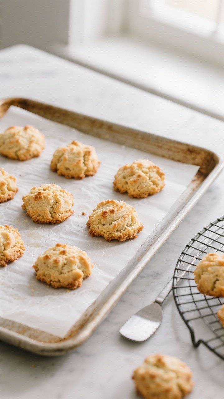 Cooking process: Overhead shot of compact, firmly packed macaroon mounds just out of the oven on a p