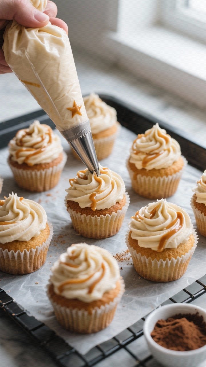 Cooking process: Overhead shot of cooled cupcakes on a wire rack being frosted with a piping bag fit