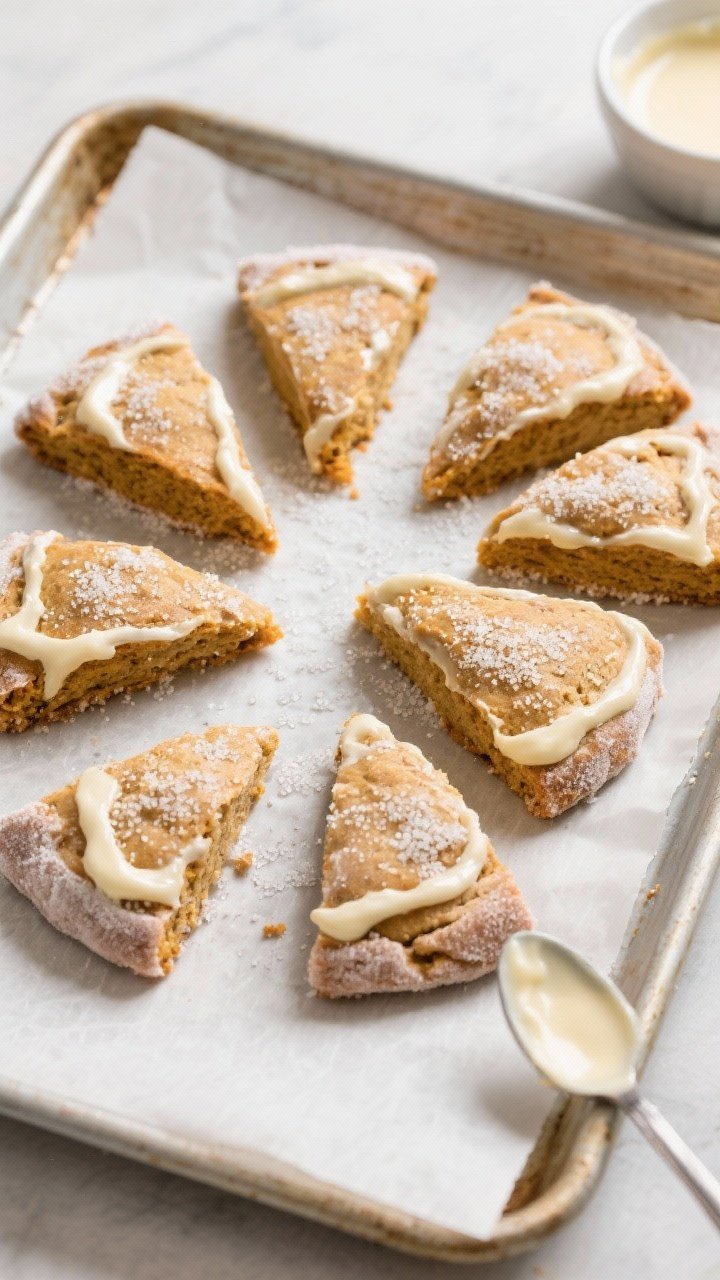 Cooking process: Overhead shot of eight chilled, cut pumpkin scone wedges spaced on a parchment-line