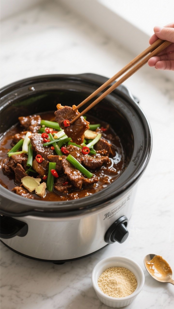 Cooking process: Overhead shot of Mongolian beef finishing in the slow cooker, chopsticks or tongs l