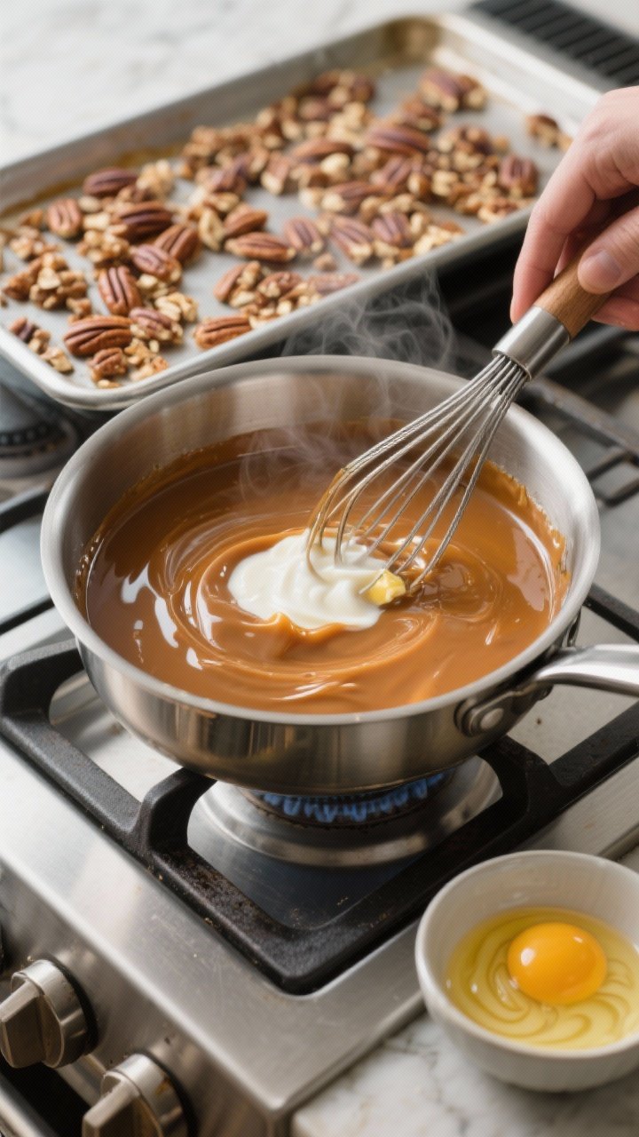Cooking process: Overhead shot of the “caramel” base being whisked in a stainless saucepan—but