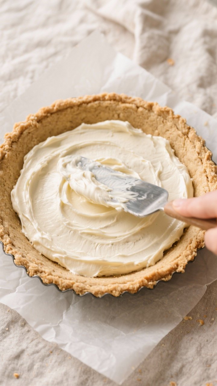 Cooking process: Overhead shot of the almond flour crust pressed into a 9-inch pie dish, freshly bak