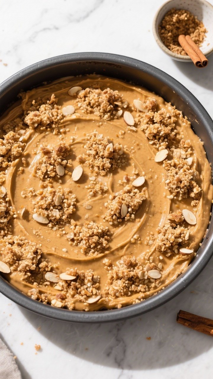 Cooking process: Overhead shot of the assembled cake in the pan right before baking—thick pumpkin 