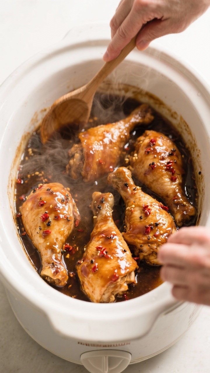 Cooking process: Overhead shot of the chicken returned to the slow cooker and being tossed in the th